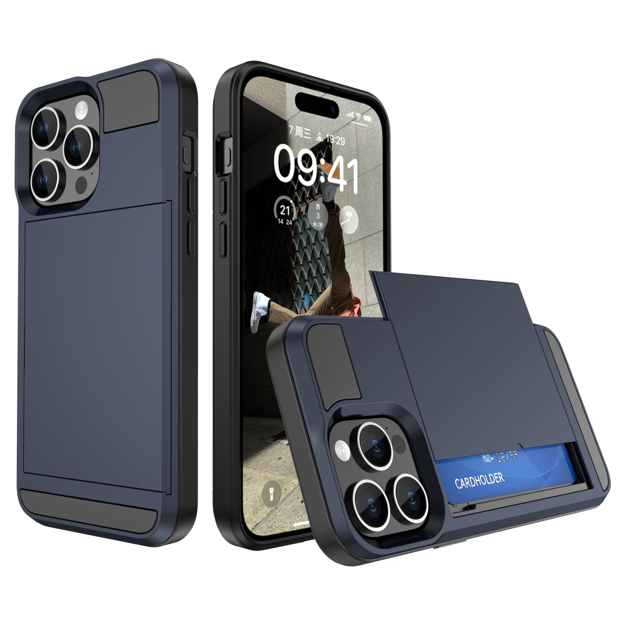 PC TPU Phone Cover for iPhone 15 Sliding Card Holder Anti-scratch Back Case PC TPU Phone Cover for iPhone 15 Sliding Card Holder Anti-scratch Back Case